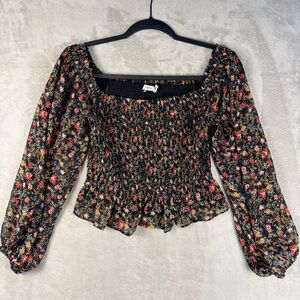 Lush Cottagecore Floral Smocked Peplum Blouse Puff Sleeve Sheer Top Size M